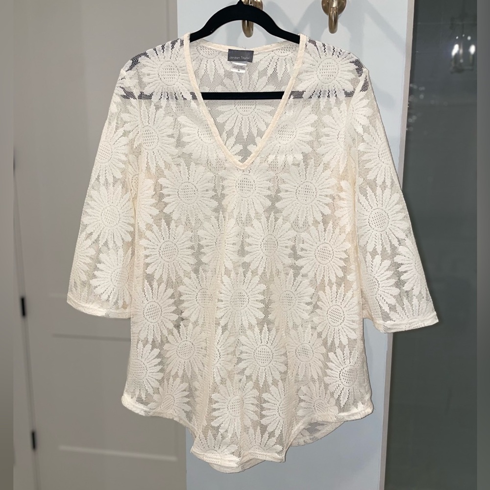 Jordan Taylor Daisies Swim Cover Up Tunic in Cream Floral Lace Bell Sleeves